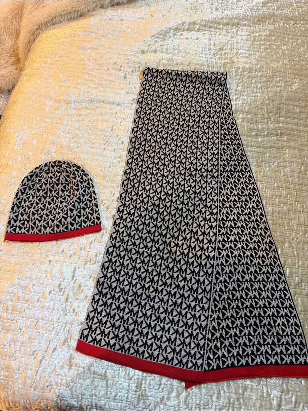 Michael Kors Black, Grey and black with red accent MK Logo Scarf and Beanie Set